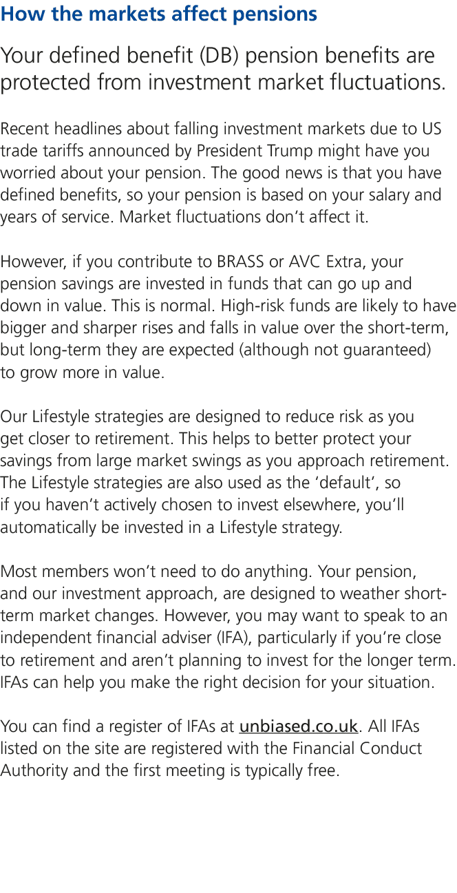 How the markets affect pensions Your defined benefit (DB) pension benefits are protected from investment market fluct...