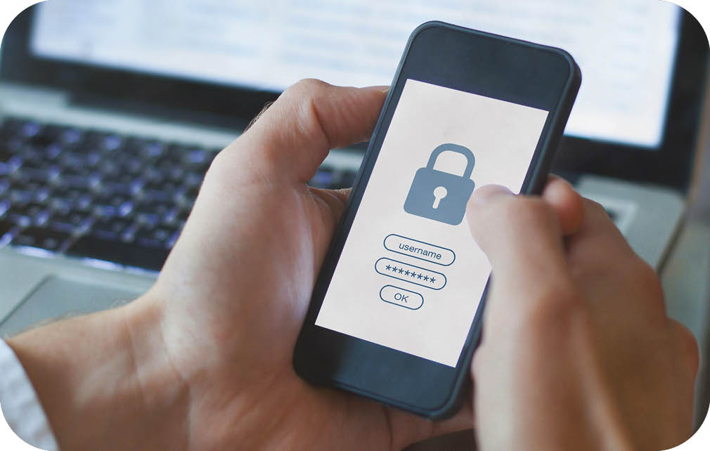 A person is holding a cell phone with a lock on the screen. Description generated by AI