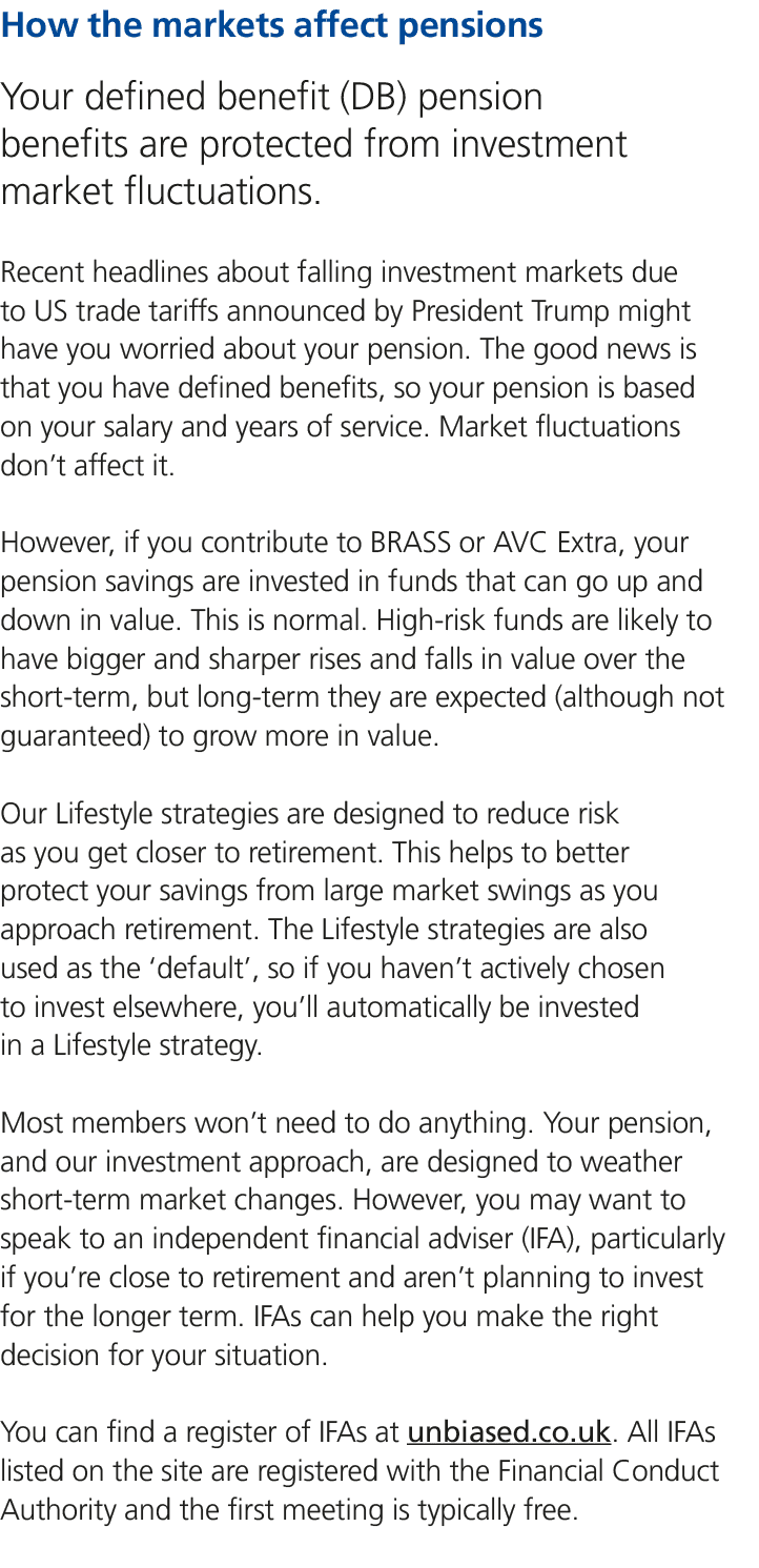 How the markets affect pensions Your defined benefit (DB) pension benefits are protected from investment market fluct...