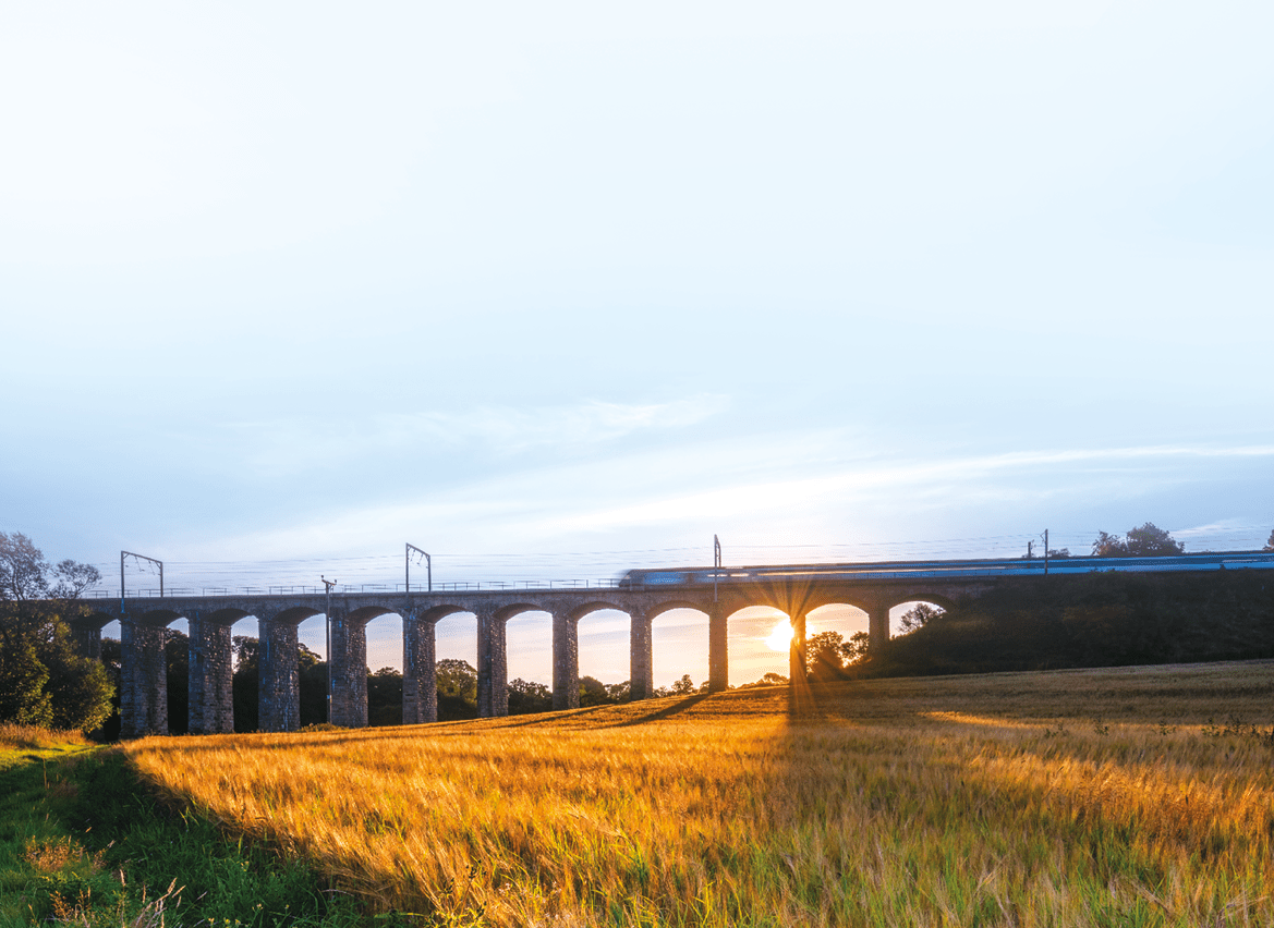 A golden crop of barley below the railway viaduct with motion blurred train at Lesbury, as the River Aln approaches the North Sea at Alnmouth