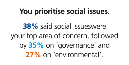 You prioritise social issues. 38% said social issueswere your top area of concern, followed by 35% on ‘governance’ an...