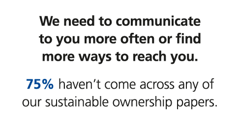 We need to communicate to you more often or find more ways to reach you. 75% haven’t come across any of our sustainab...