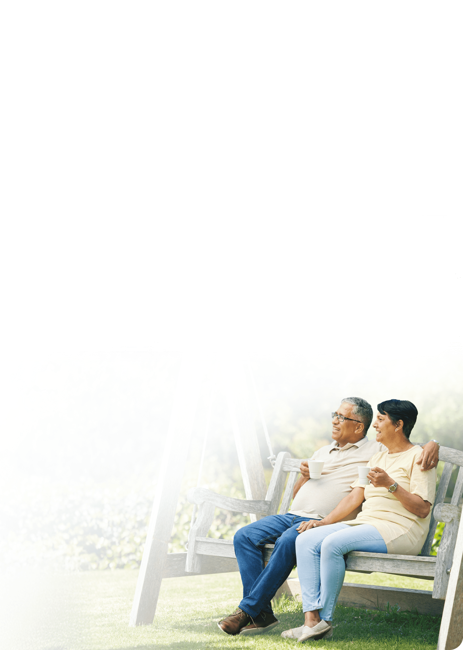 Tea, bench or old couple in park or nature talking and bonding together in retirement on holiday date. Senior, elderly man or mature woman drinking coffee to relax with love, peace or care in garden