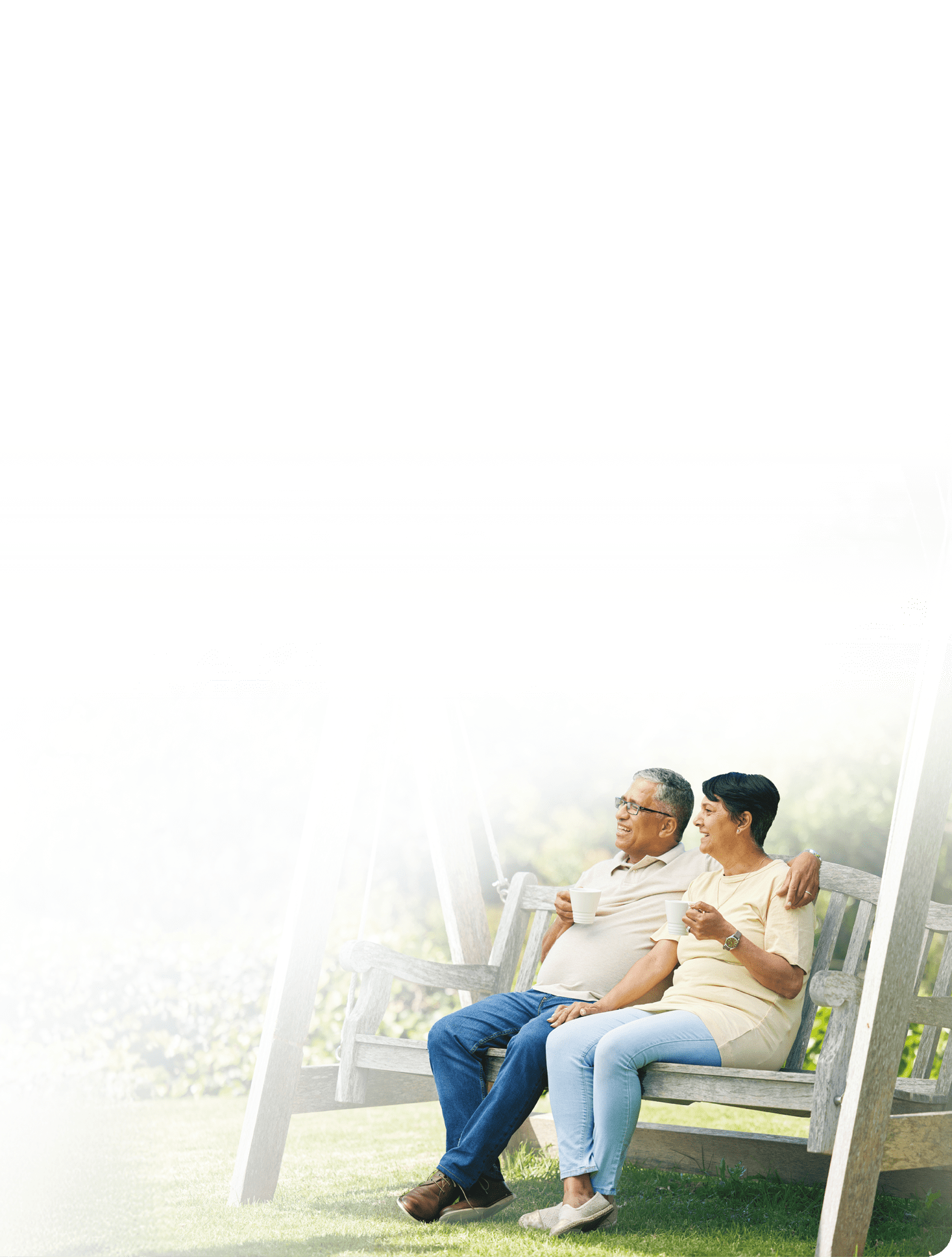 Tea, bench or old couple in park or nature talking and bonding together in retirement on holiday date. Senior, elderly man or mature woman drinking coffee to relax with love, peace or care in garden