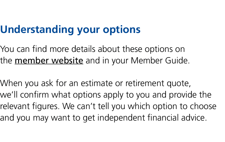 Understanding your options You can find more details about these options on the member website and in your Member Gui...
