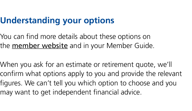 Understanding your options You can find more details about these options on the member website and in your Member Gui...