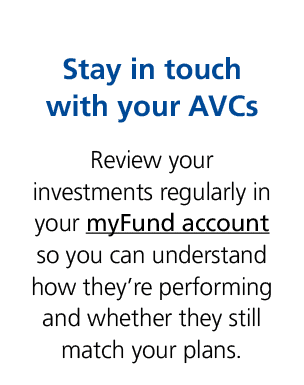 Stay in touch with your AVCs Review your investments regularly in your myFund account so you can understand how they’...