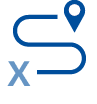 A blue winding path connects a location pin at the top right to an X mark at the bottom left. Description generated by AI