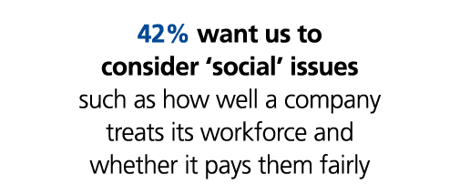42% want us to consider ‘social’ issues such as how well a company treats its workforce and whether it pays them fairly