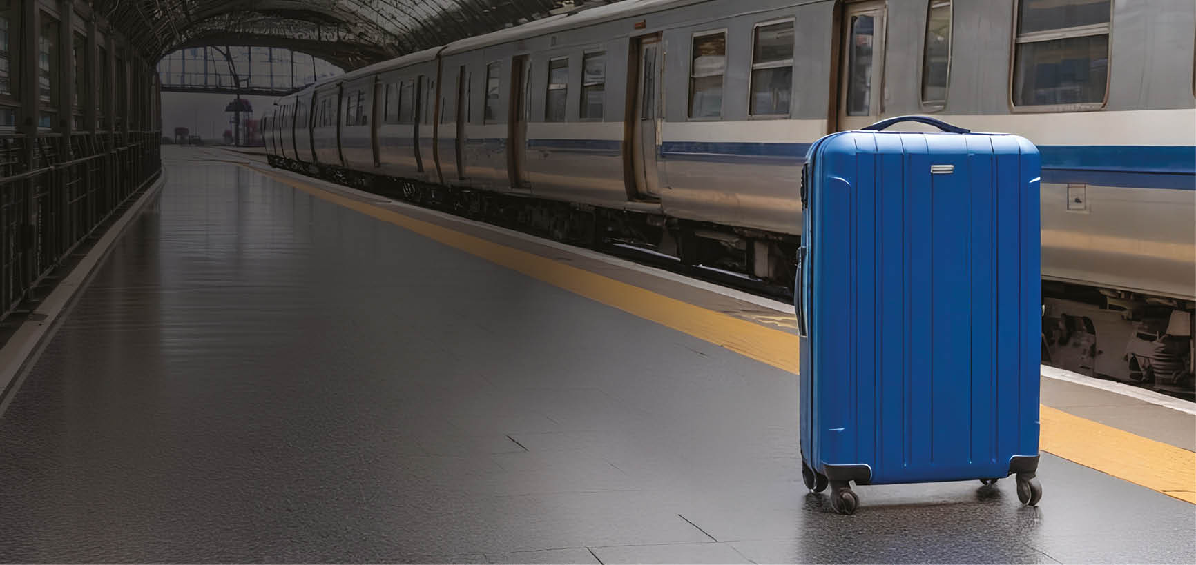 A blue suitcase is on the ground. Description generated by AI