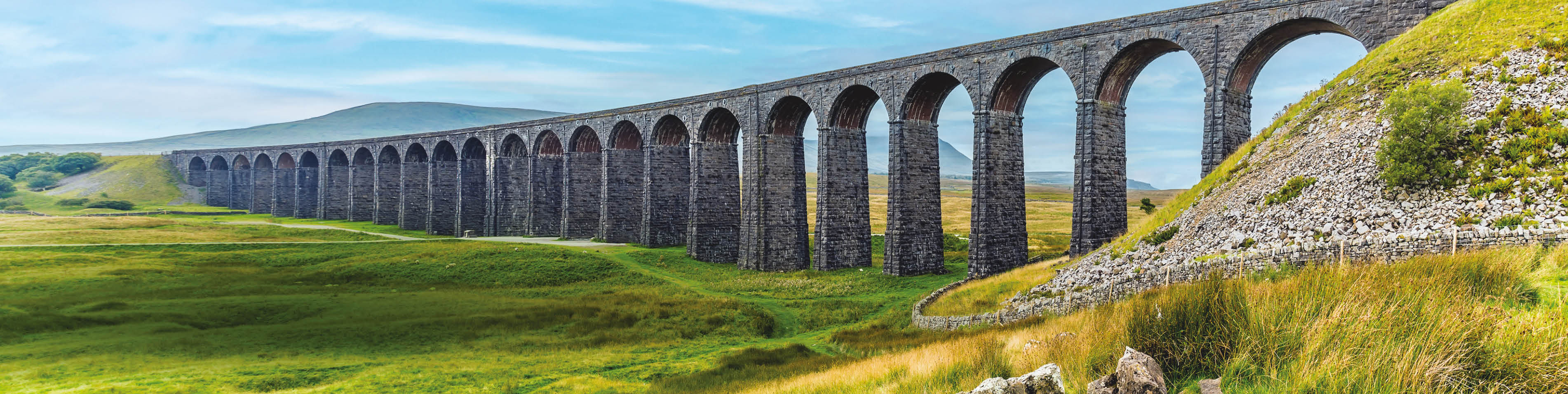 A large stone bridge over a grassy field. Description generated by AI