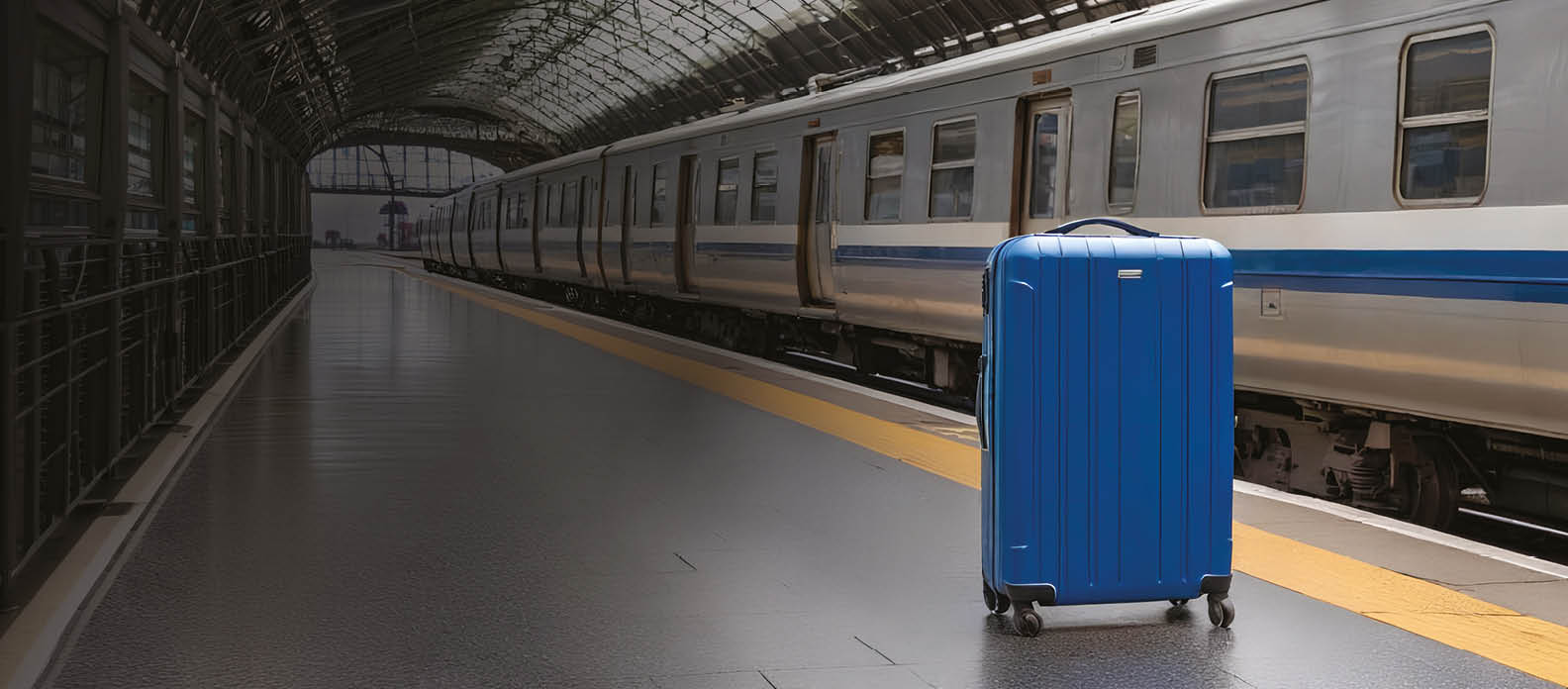 A blue suitcase is on the ground. Description generated by AI