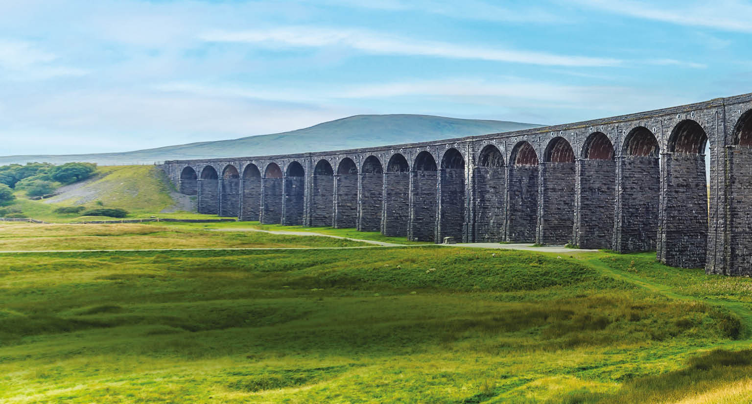 A large stone bridge over a grassy field. Description generated by AI