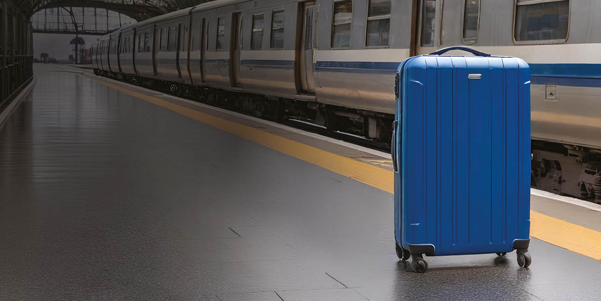 A blue suitcase is on the ground. Description generated by AI