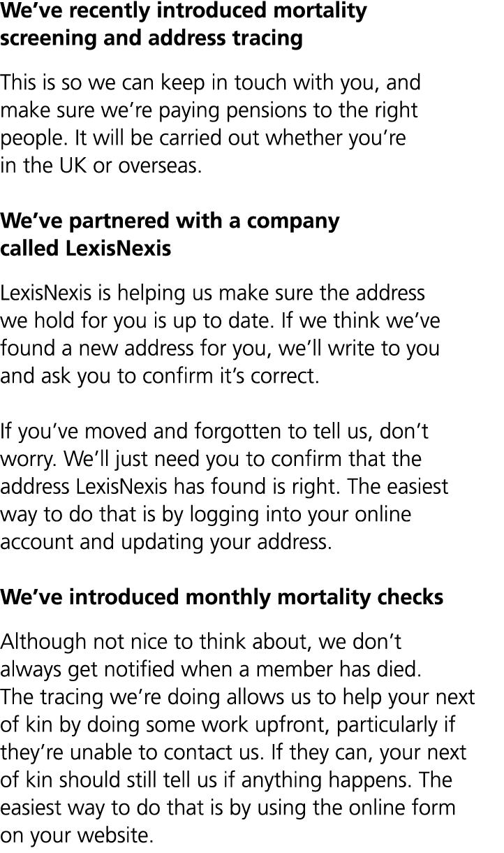 We’ve recently introduced mortality screening and address tracing This is so we can keep in touch with you, and make ...
