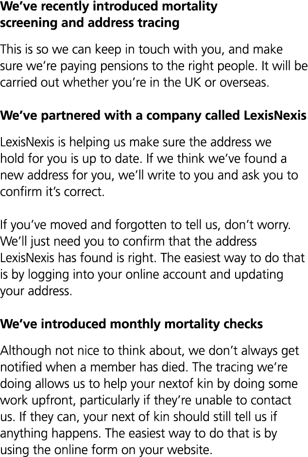 We’ve recently introduced mortality screening and address tracing This is so we can keep in touch with you, and make ...