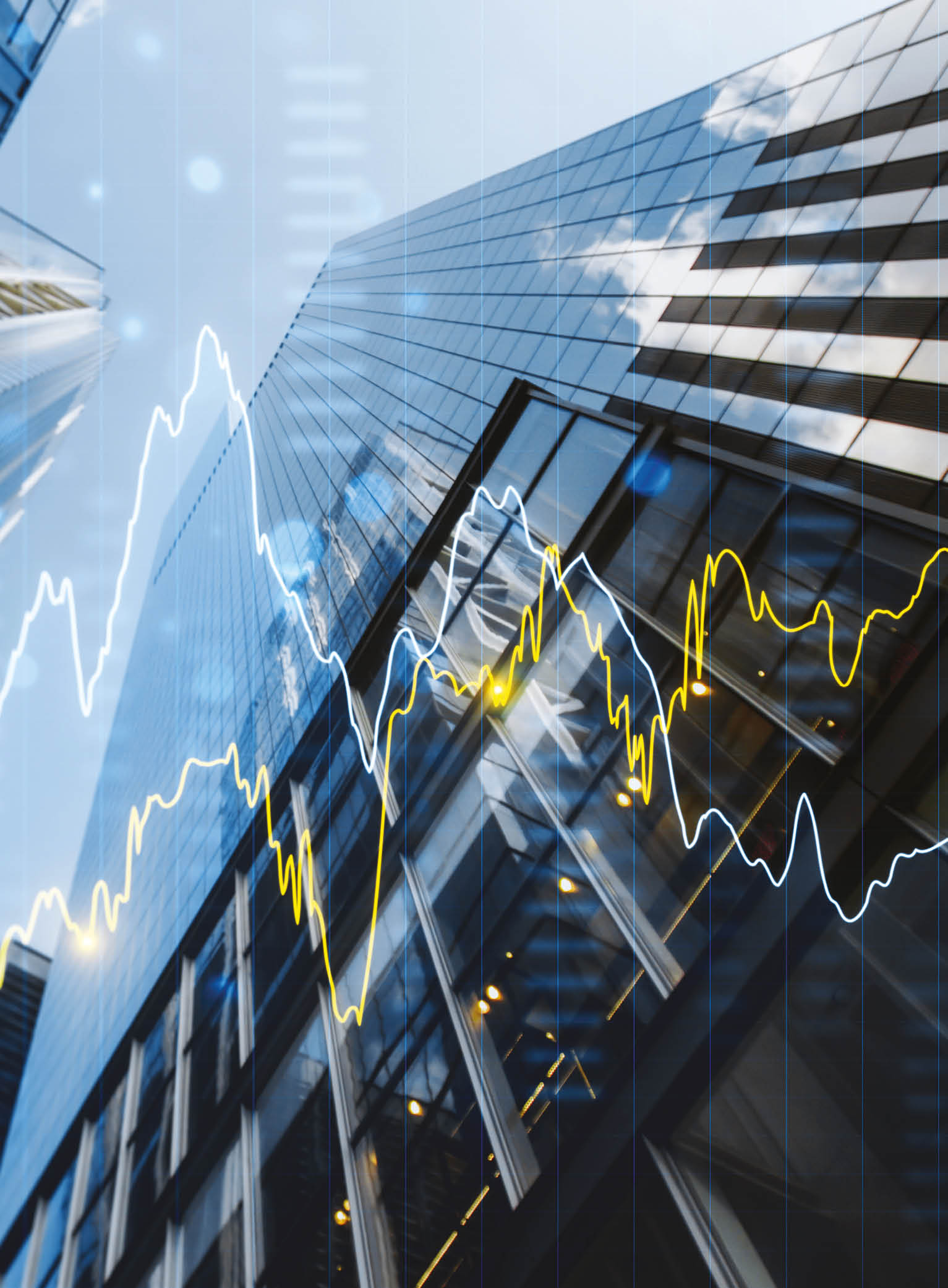 A double exposure image of skyscrapers with overlay of financial graphs, set against a blurred background, illustrating the concept of business growth