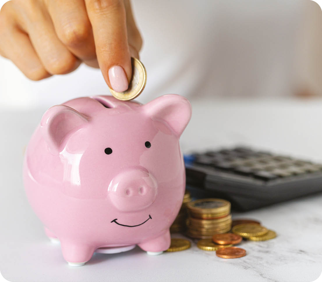 A person is putting money into a pink piggy bank. AI generated content