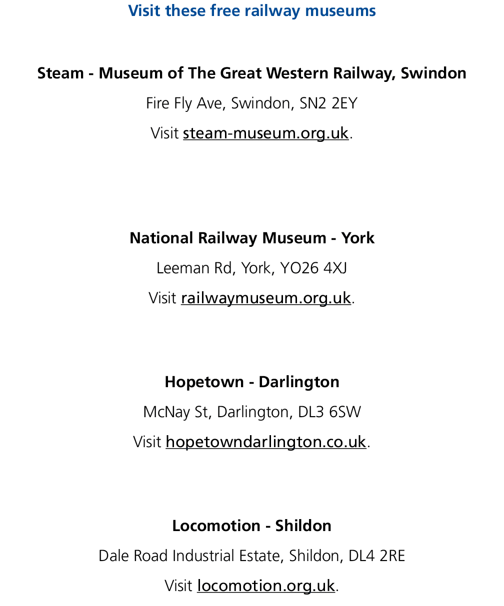 Visit these free railway museums Steam Museum of The Great Western Railway, Swindon Fire Fly Ave, Swindon, SN2 2EY Vi...