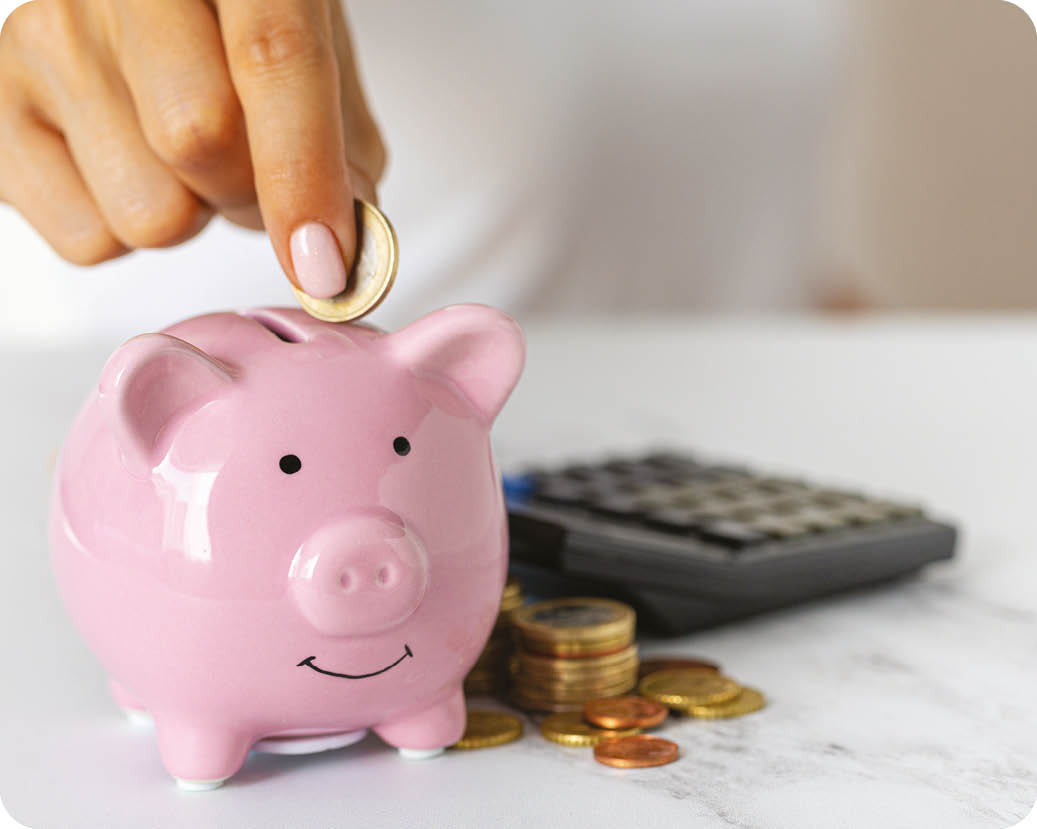 A person is putting money into a pink piggy bank. AI generated content