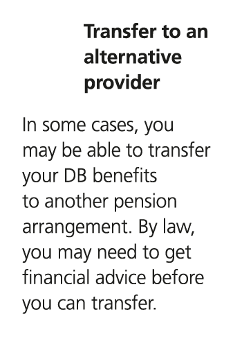 Transfer to an alternative provider In some cases, you may be able to transfer your DB benefits to another pension ar...