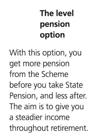 The level pension option With this option, you get more pension from the Scheme before you take State Pension, and le...