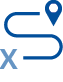 A blue winding path with a location pin at the end and an X marking the starting point. Description generated by AI