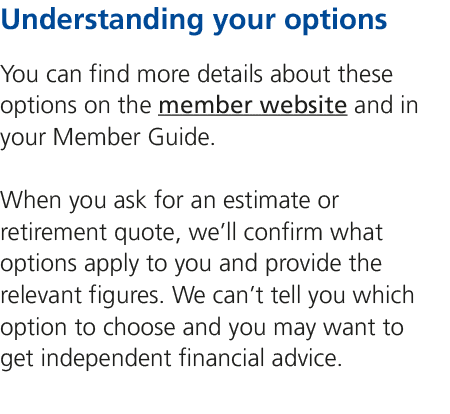 Understanding your options You can find more details about these options on the member website and in your Member Gui...