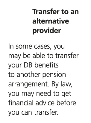 Transfer to an alternative provider In some cases, you may be able to transfer your DB benefits to another pension ar...