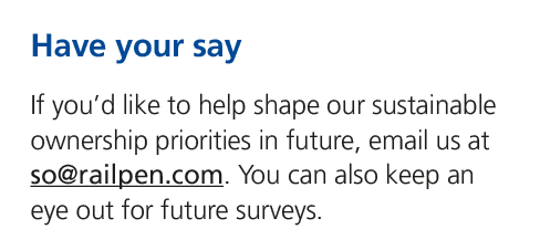 Have your say If you’d like to help shape our sustainable ownership priorities in future, email us at so@railpen.com....