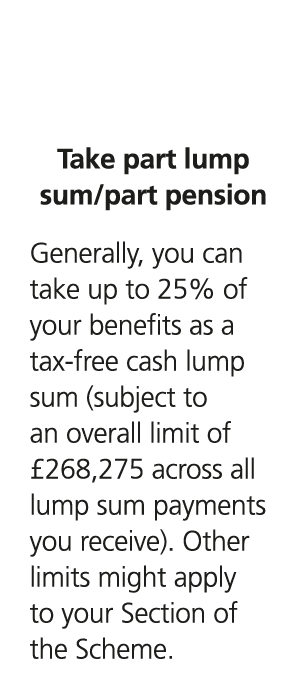  Take part lump sum/part pension Generally, you can take up to 25% of your benefits as a tax free cash lump sum (subj...