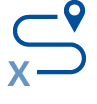 A blue winding path connects a location pin at the top right to an X mark at the bottom left. Description generated by AI