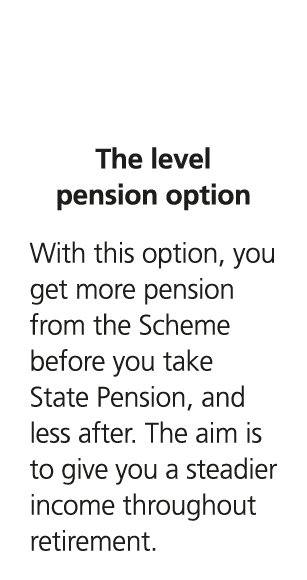  The level pension option With this option, you get more pension from the Scheme before you take State Pension, and l...