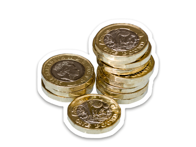 Three piles of pound coins, two small piles and one large pile