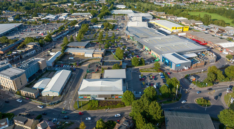 Aerial view of Cambridge retail park