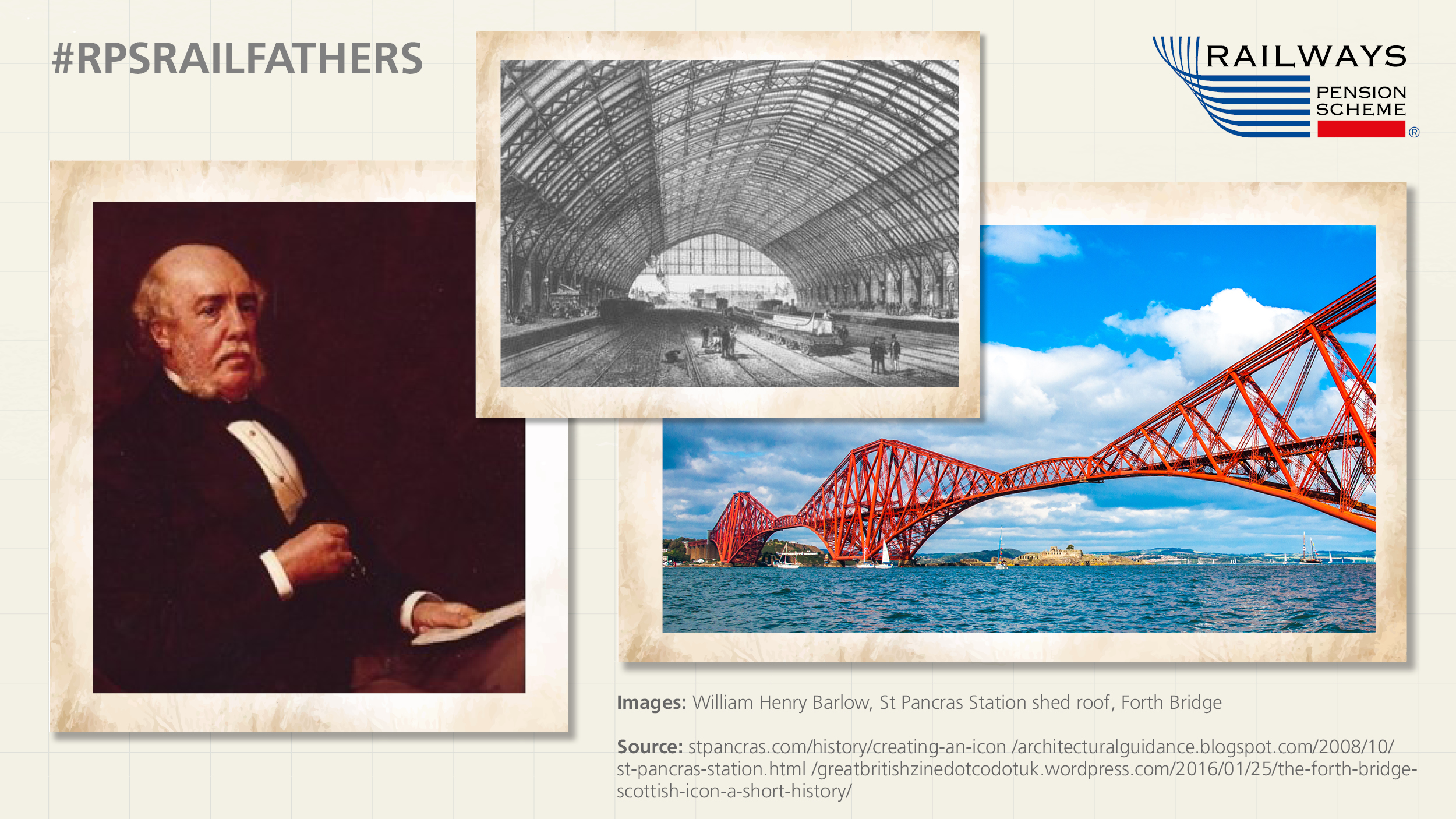 Black and white image of William Henry Barlow, sketch of St Pancras Station and an image of the Forth Road Bridge in Scotland